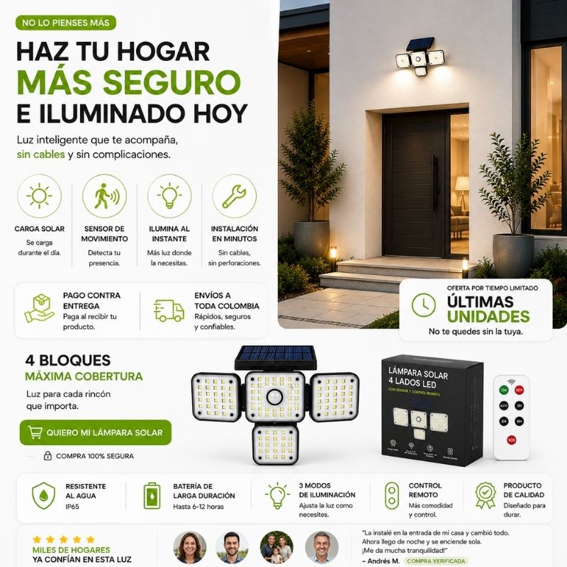 Lámpara Solar LED de 4 Caras con Sensor y Control Remoto para Mayor Seguridad 💡