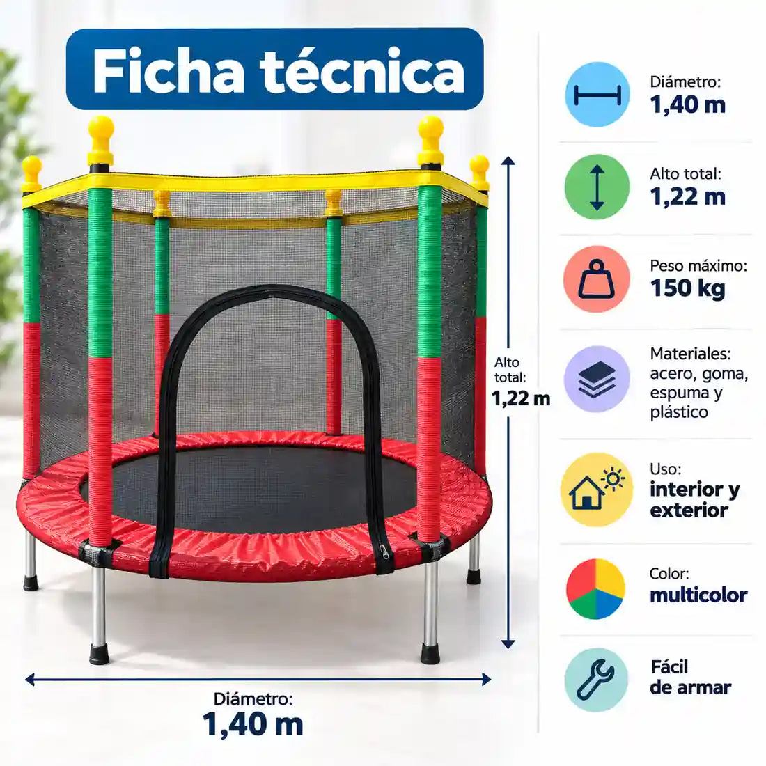 🧸 Trampolín Infantil · 1,22 m con Malla de Seguridad