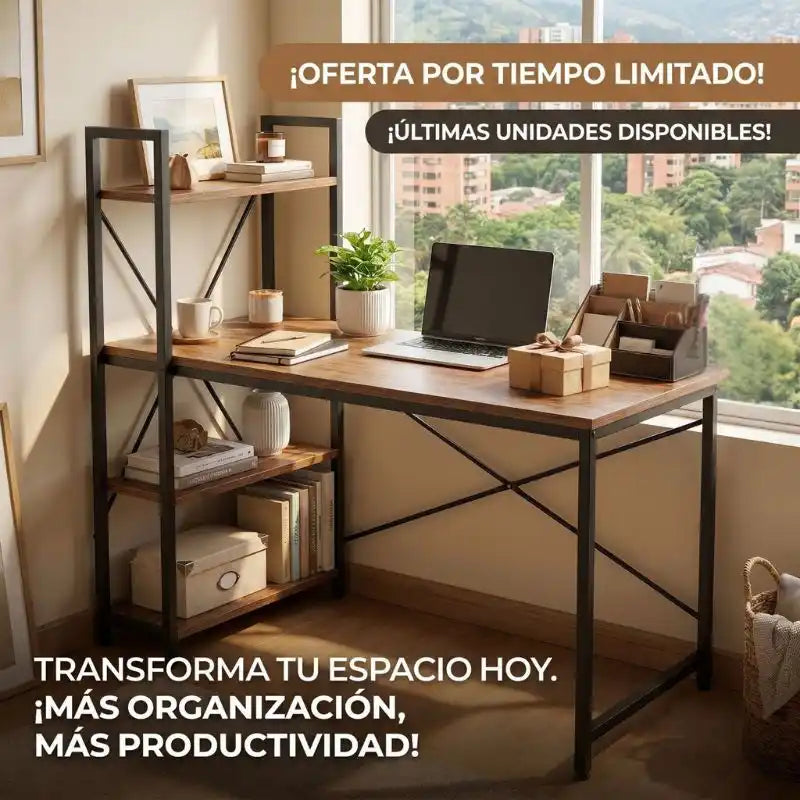 Escritorio con Estanterías de Madera 🖥️ Organiza y Aprovecha Mejor tu Espacio