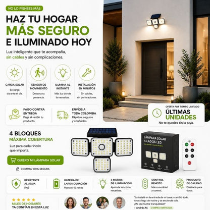 Lámpara Solar LED de 4 Caras con Sensor y Control Remoto para Mayor Seguridad 💡