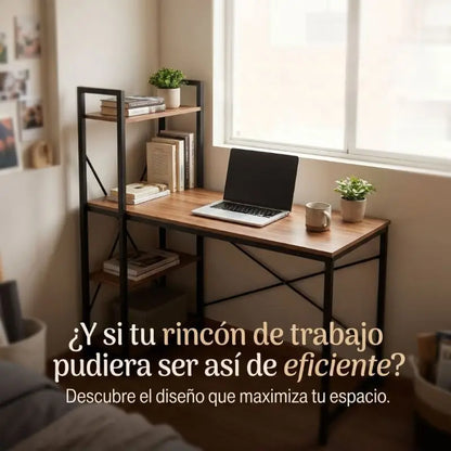 Escritorio con Estanterías de Madera 🖥️ Organiza y Aprovecha Mejor tu Espacio