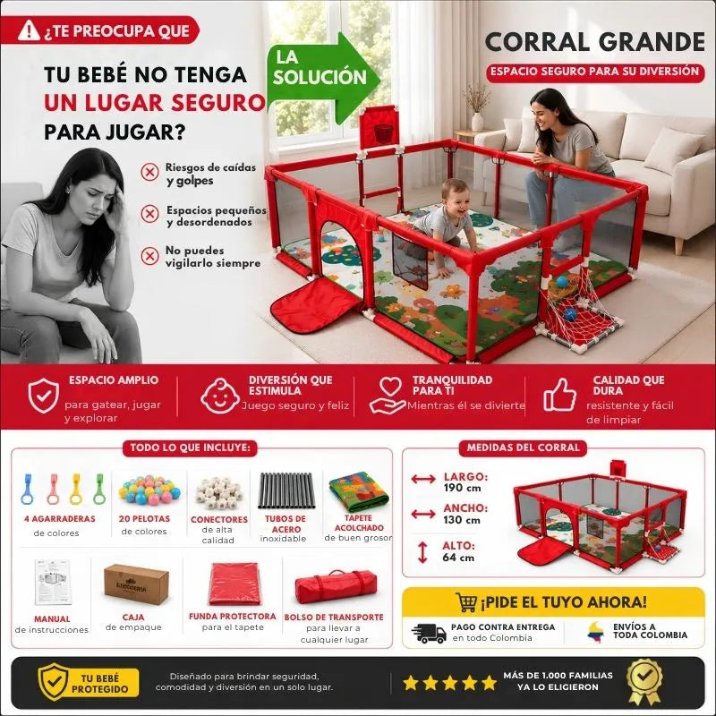 Corral Infantil Grande de 1.90 m con Tapete y Accesorios para Jugar con Más Libertad 🧸