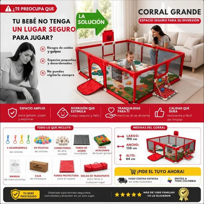 Corral Infantil Grande de 1.90 m con Tapete y Accesorios para Jugar con Más Libertad 🧸