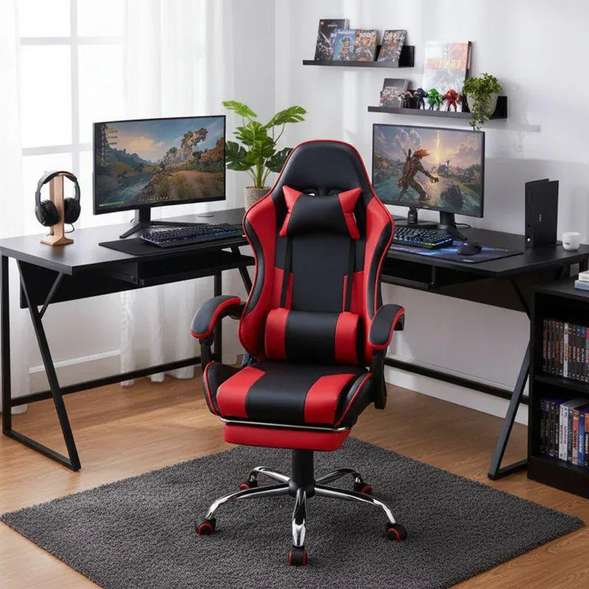 Silla gamer Nexora ErgoPro roja frente a un escritorio
