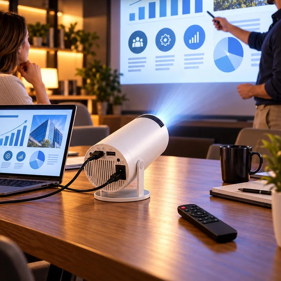 Proyector 2 en 1 en reunión de trabajo con presentación desde un computador