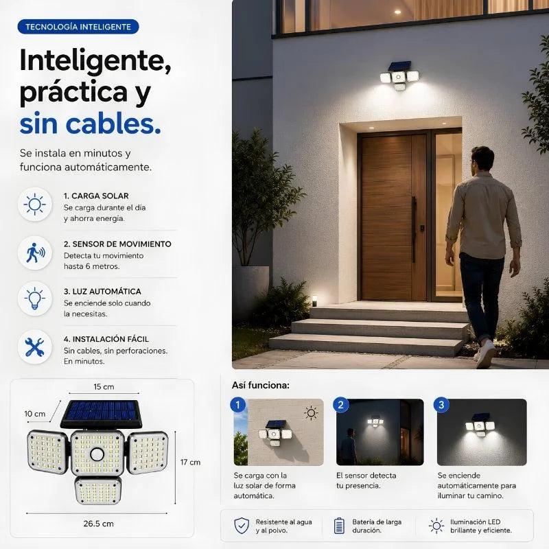 Lámpara Solar LED de 4 Caras con Sensor y Control Remoto para Mayor Seguridad 💡