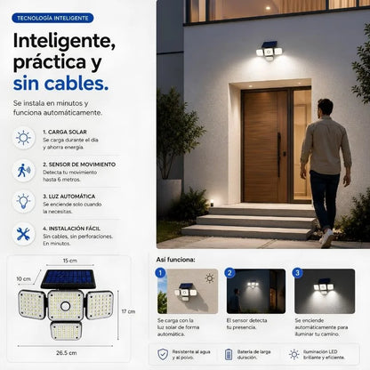 Lámpara Solar LED de 4 Caras con Sensor y Control Remoto para Mayor Seguridad 💡