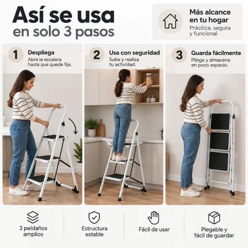 🪜 Escalera Plegable de 3 Peldaños para Llegar Más Alto con Facilidad