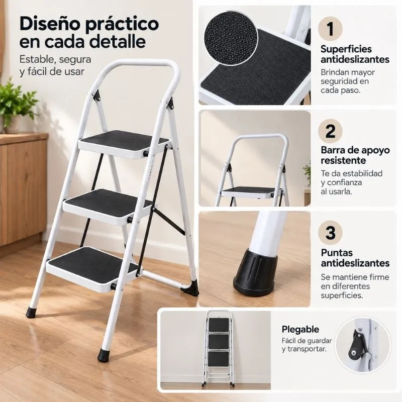 🪜 Escalera Plegable de 3 Peldaños para Llegar Más Alto con Facilidad