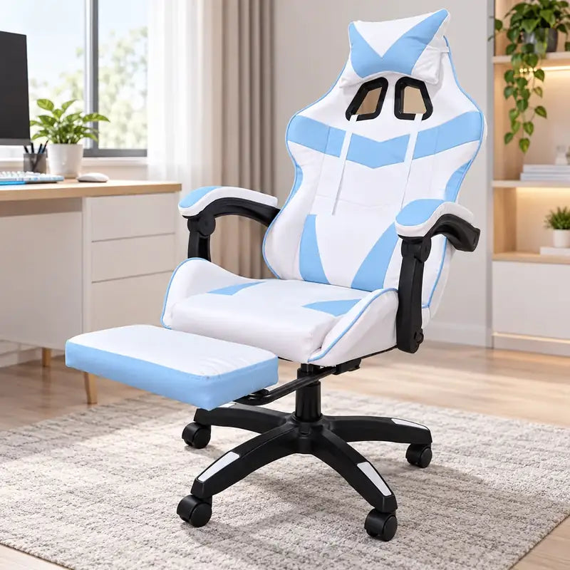 Silla gamer blanca con azul con reposapiés