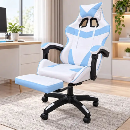 Silla gamer blanca con azul con reposapiés