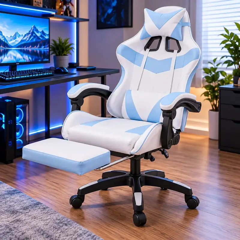 Silla gamer blanca con azul en setup
