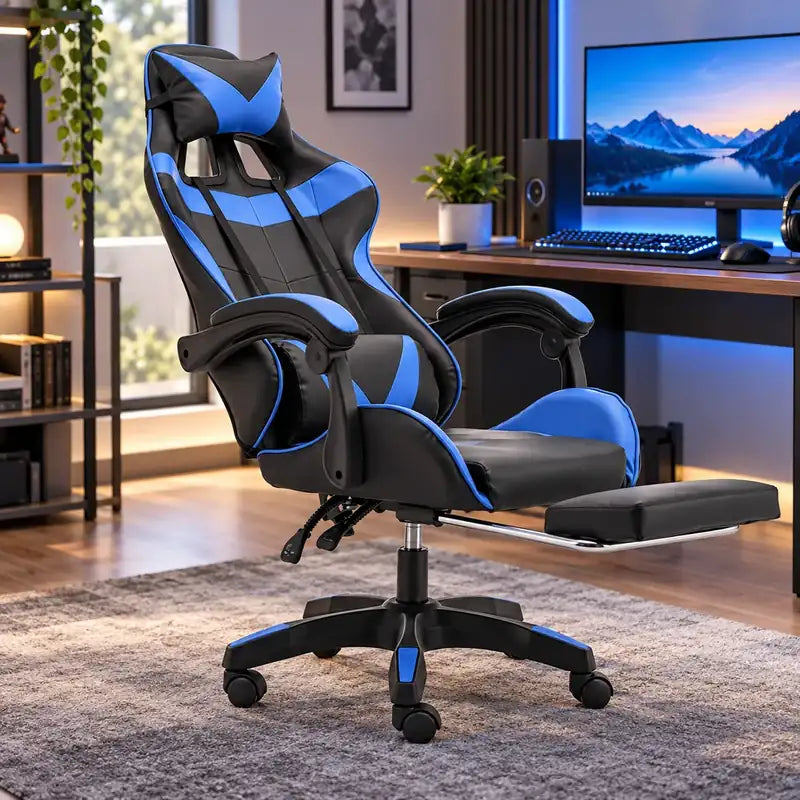 Silla gamer negra con azul reclinada con reposapiés