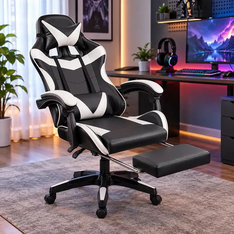 Silla gamer negra con blanco reclinada con reposapiés