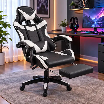 Silla gamer negra con blanco reclinada con reposapiés