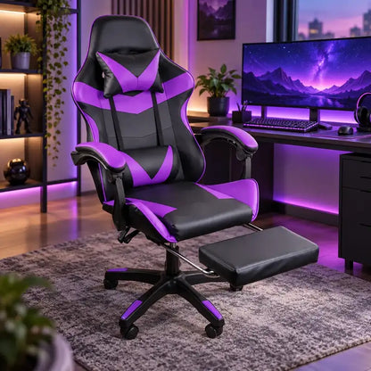 Silla gamer negra con morado con reposapiés
