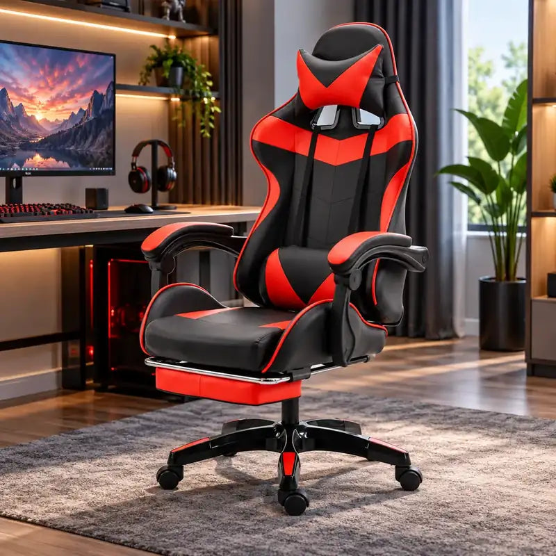 Silla gamer negra con rojo con reposapiés