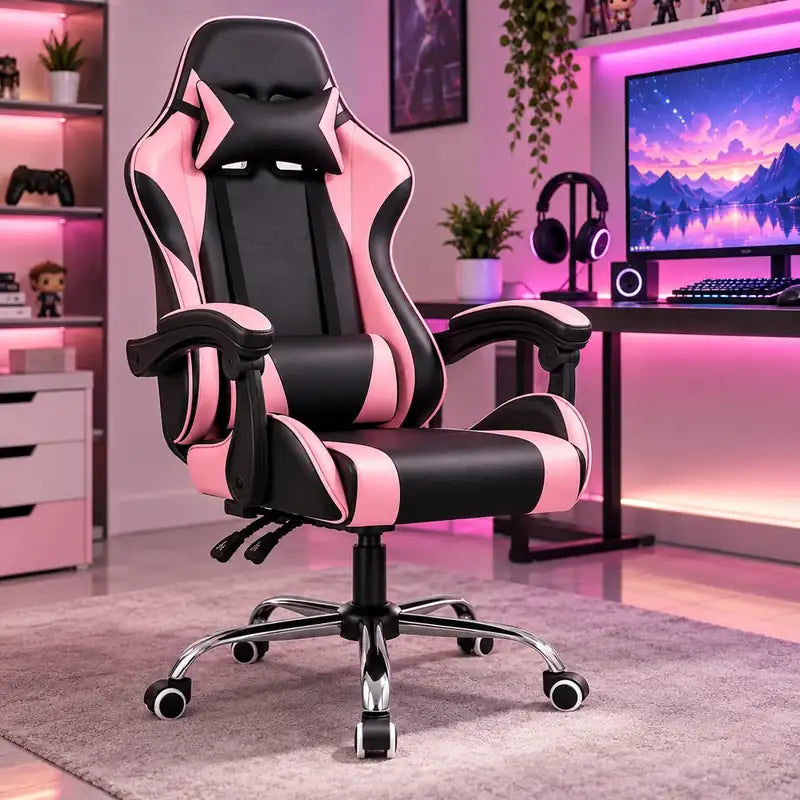 Silla gamer negra con rosado