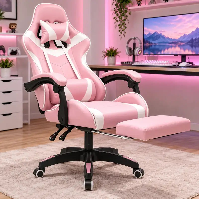 Silla gamer rosada con blanco con reposapiés